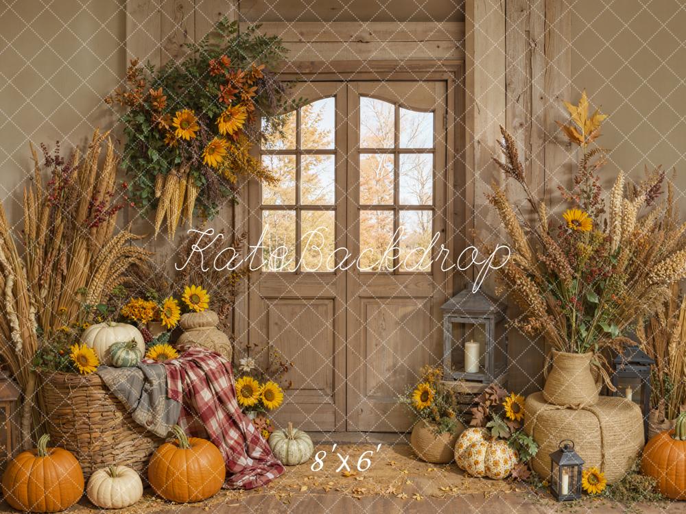 Kate Fall Pumpkins Rustic Wheat Backdrop Designed by Emetselch