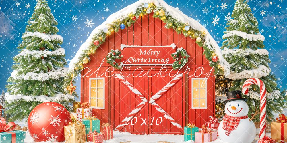 Kate Christmas Red Barn Snowman Presents Trees Backdrop Designed by Chain