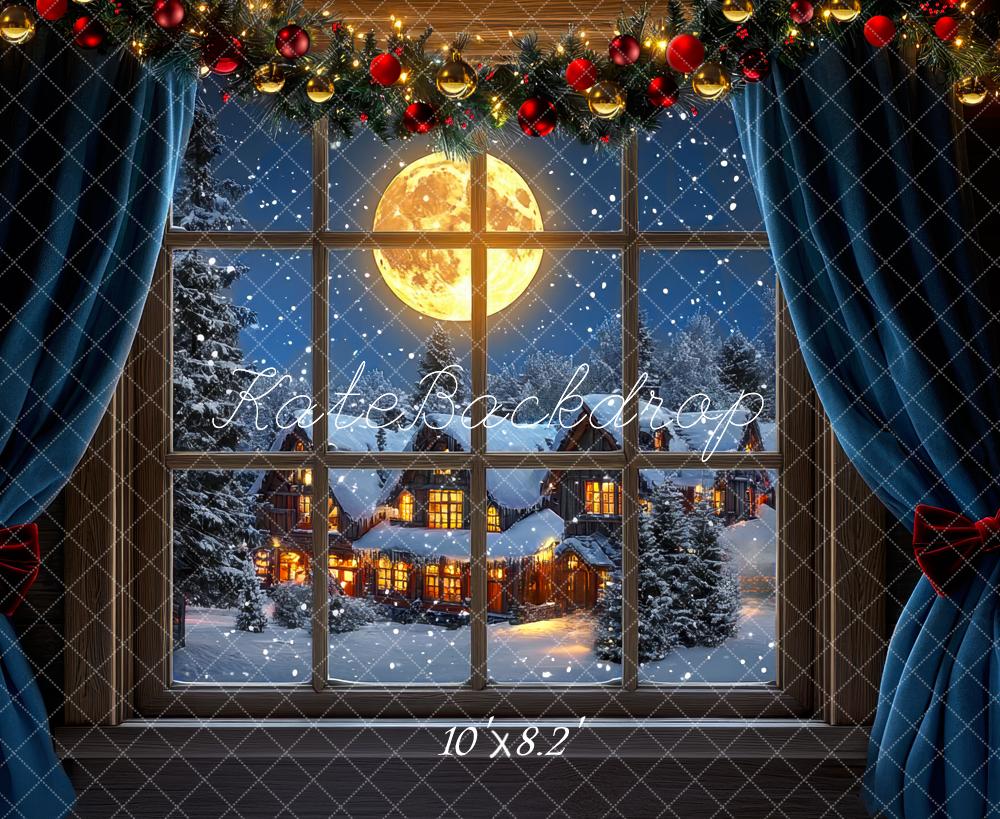 Kate Christmas Window Snowy Village Moon Backdrop Designed by Mini MakeBelieve - Kate Backdrop AU