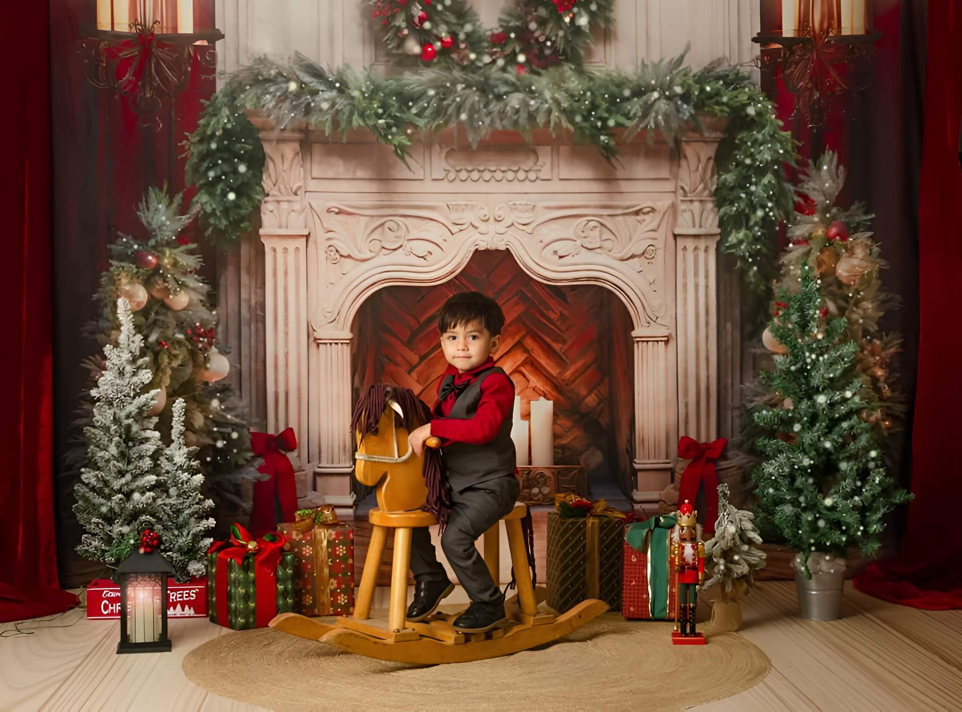 Kate Christmas Tree Fireplace Red Backdrop Designed by Emetselch - Kate Backdrop AU