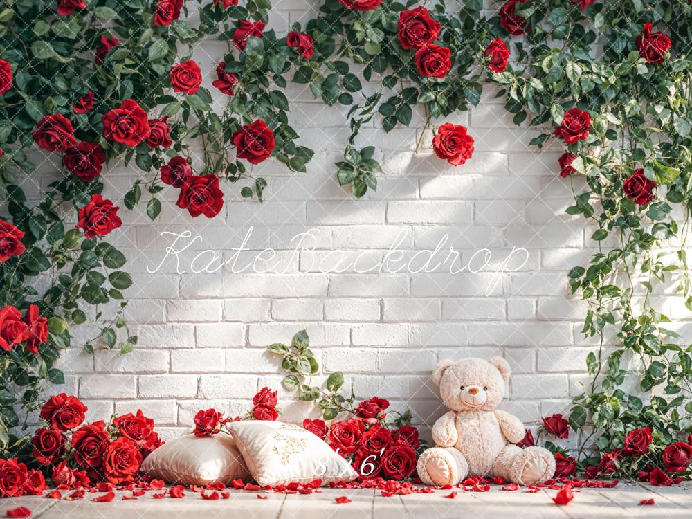 Kate Red Roses White Brick Wall Teddy Bear Backdrop Designed by Emetselch