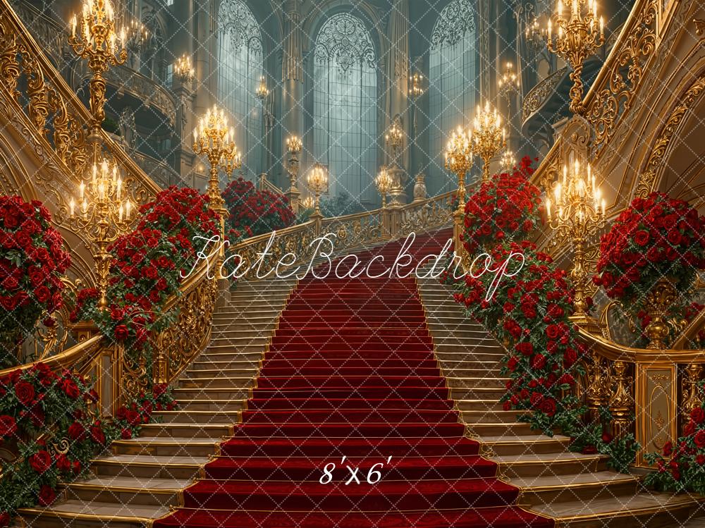 Kate Cascading Stairs Red Roses Grand Chandeliers Backdrop Designed by Emetselch