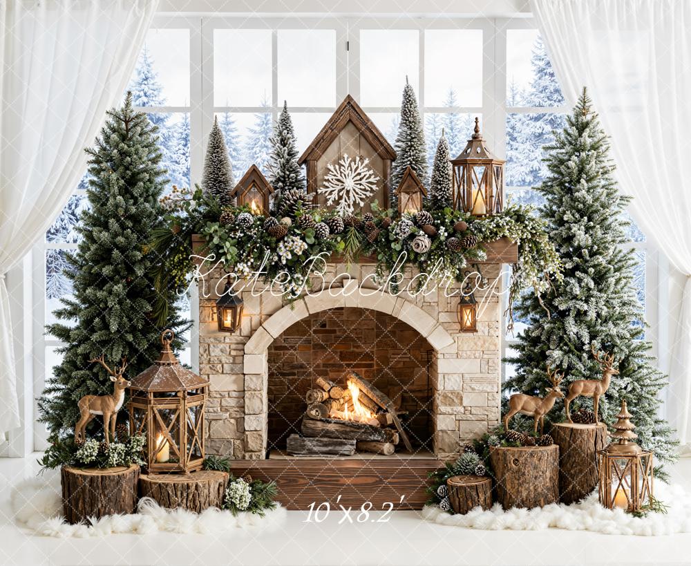 Kate Christmas Fireplace Pine Trees Backdrop Designed by Emetselch
