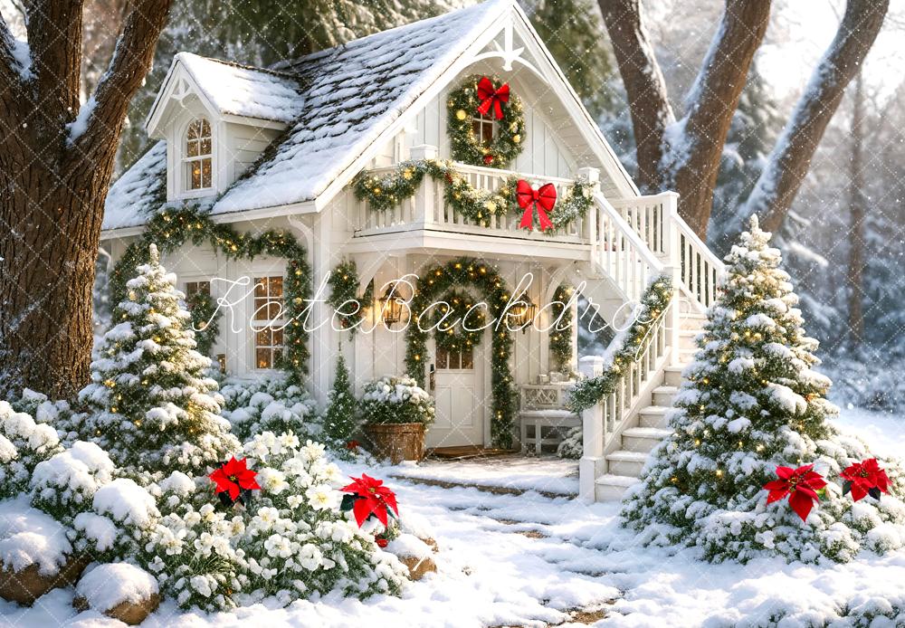 Kate Christmas Snow Cottage Garland Trees Backdrop Designed by Mini MakeBelieve - Kate Backdrop AU