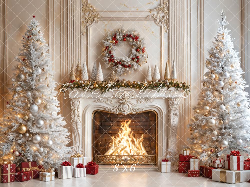 Kate Christmas White Trees Fireplace Backdrop Designed by Emetselch