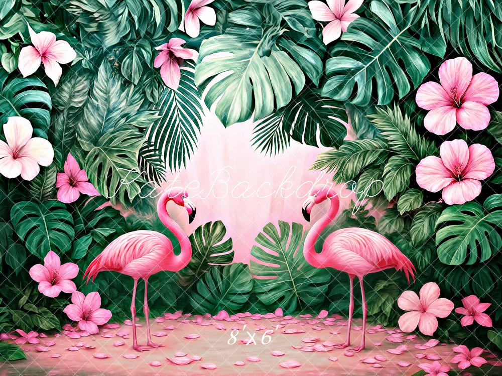 Kate Flamingo Jungle Pink Flowers Green Leaves Backdrop Designed by Ashley Paul - Kate Backdrop AU