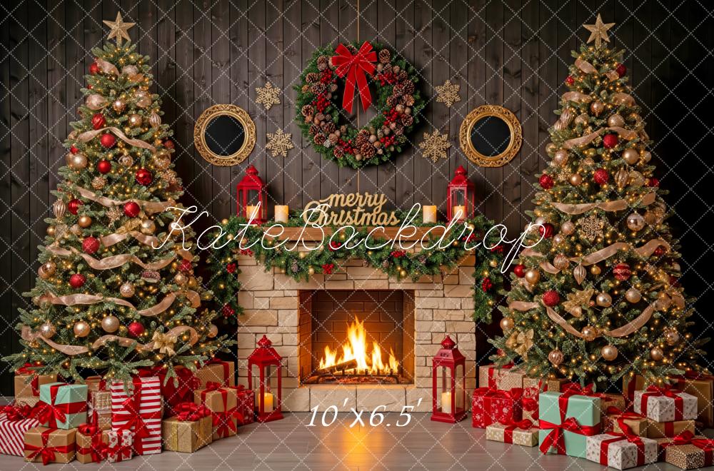 Kate Christmas Fireplace Wreath Trees Presents Backdrop Designed by Patty Roberts