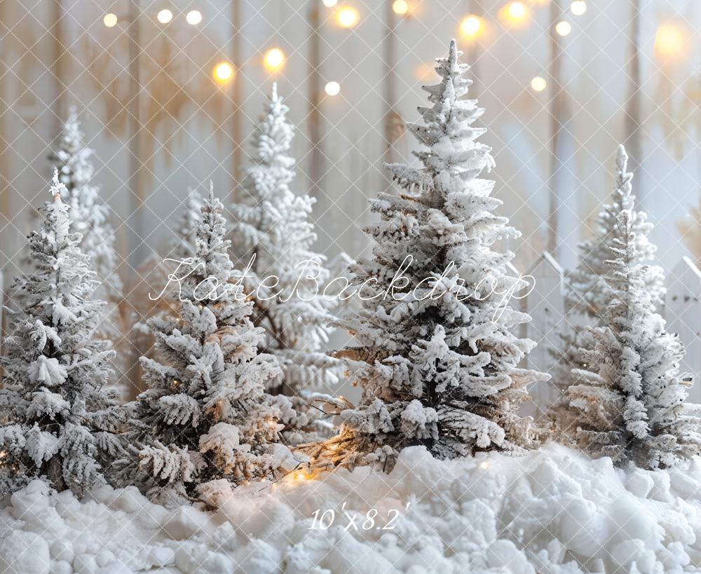 Kate Winter Snow Pine Trees Lights Backdrop Designed by Emetselch