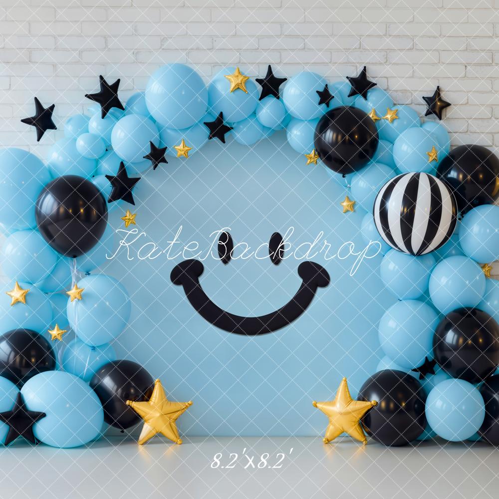 Kate Smiley Face Balloon Stars Blue Backdrop Designed by Emetselch - Kate Backdrop AU