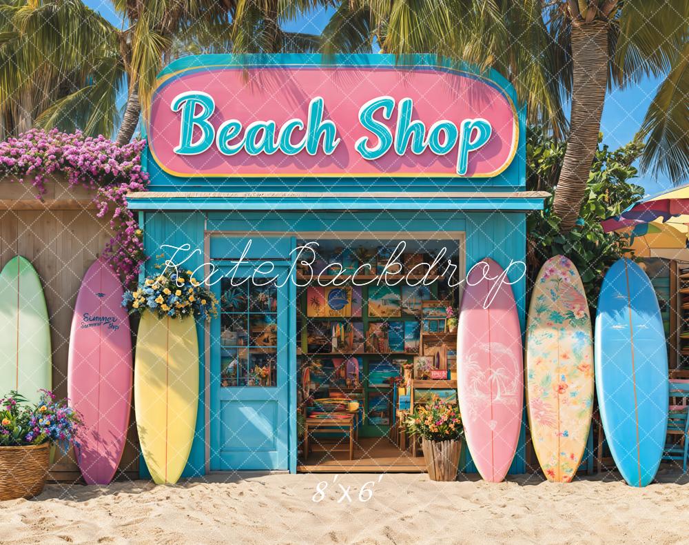 Kate Beach Shop Surfboards Palm Trees Backdrop Designed by Emetselch