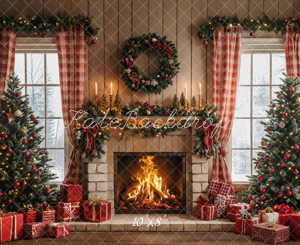 Kate Christmas Fireplace Window Fleece Backdrop Designed by Emetselch - Kate Backdrop AU