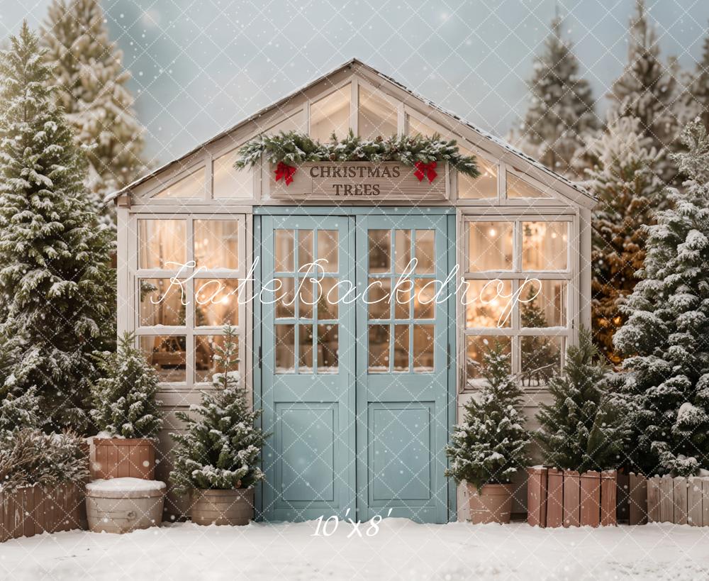 Kate Christmas Trees House Snowy Fleece Backdrop Designed by Emetselch