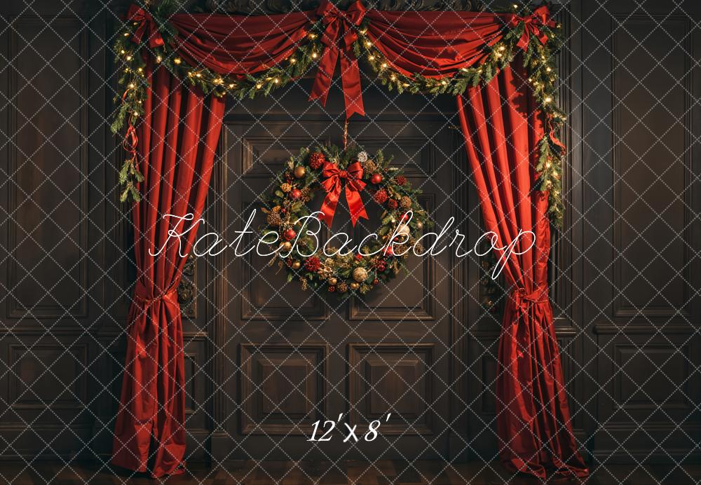 Kate Christmas Wreath Red Curtains Fleece Backdrop Designed by Emetselch - Kate Backdrop AU