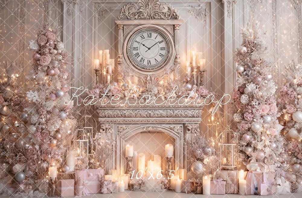 Kate Christmas Pink Trees Fireplace Clock Backdrop Designed by Ashley Paul