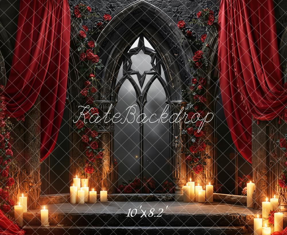 Kate Gothic Window Red Drapes Roses Candles Fleece Backdrop Designed by Emetselch
