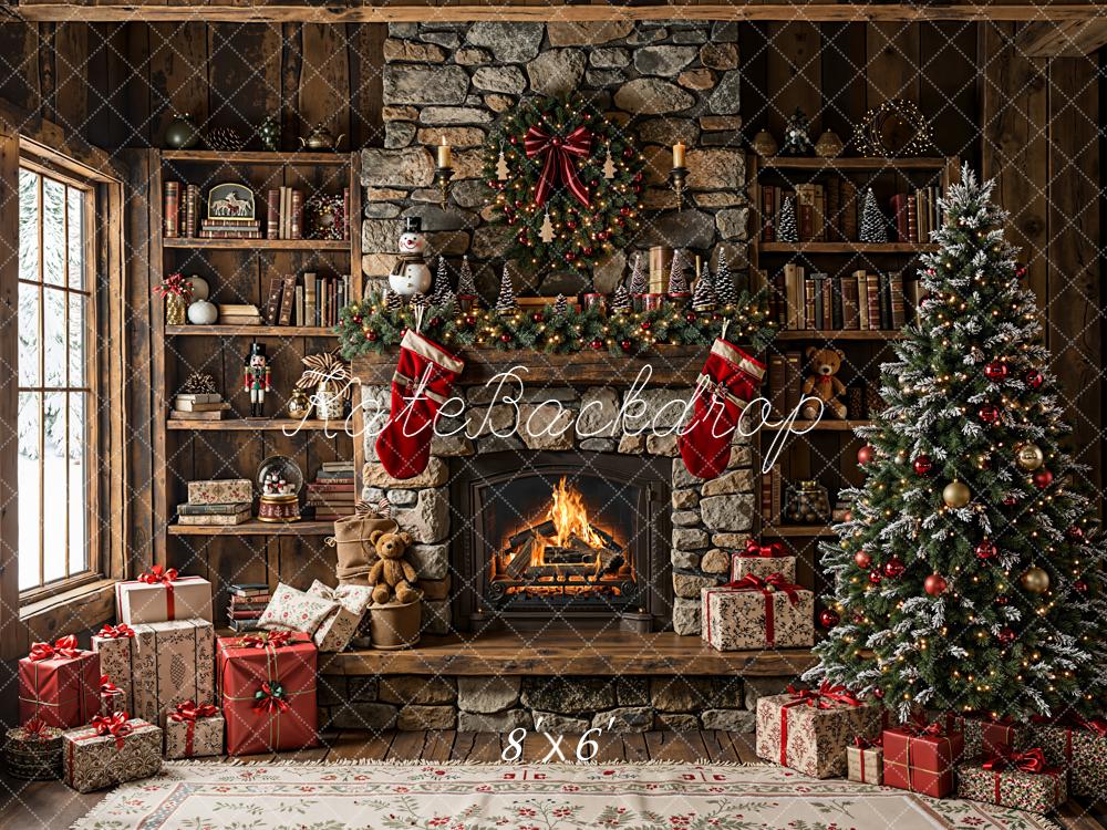 Kate Christmas Stone Fireplace Bookshelves Backdrop Designed by Emetselch - Kate Backdrop AU