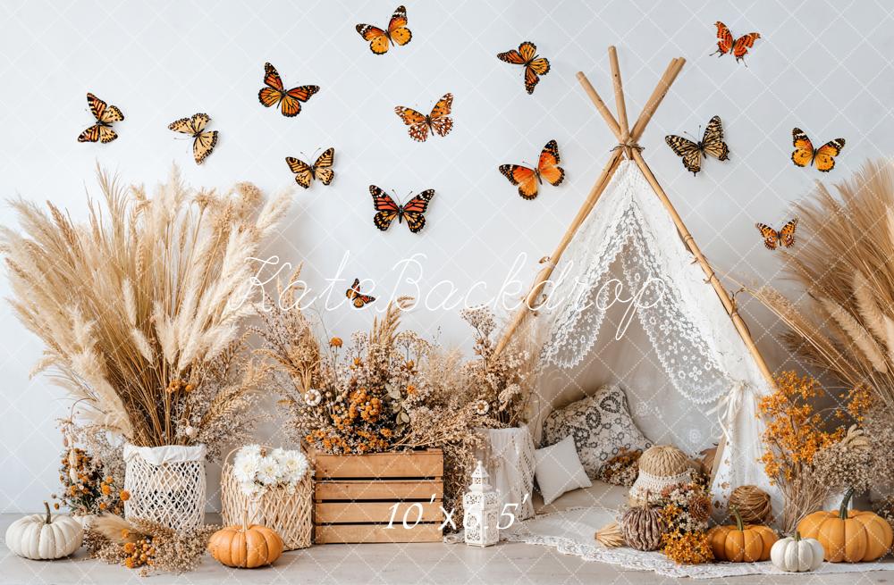 Kate Autumn Boho Teepee Butterflies Pumpkins Backdrop Designed by Emetselch - Kate Backdrop AU