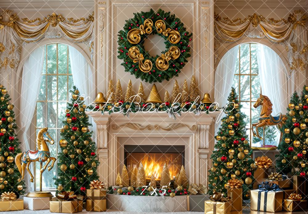 Kate Christmas Fireplace Wreath Carousel Trees Backdrop Designed by Mini MakeBelieve