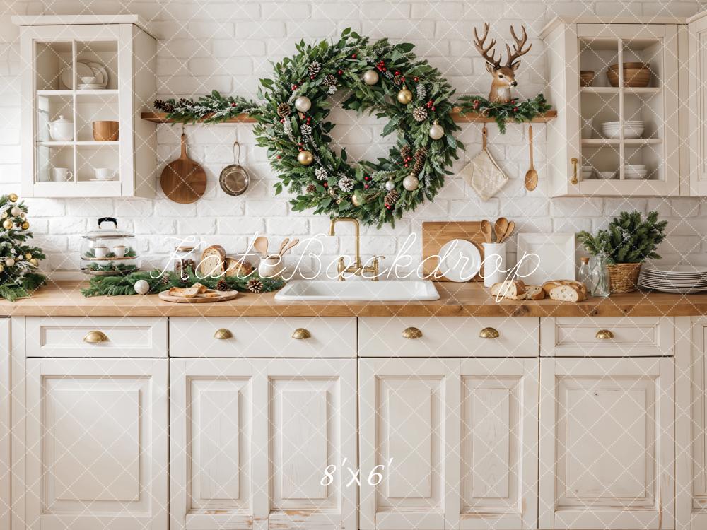 Kate Christmas Kitchen Wreath Garland Backdrop Designed by Emetselch - Kate Backdrop AU
