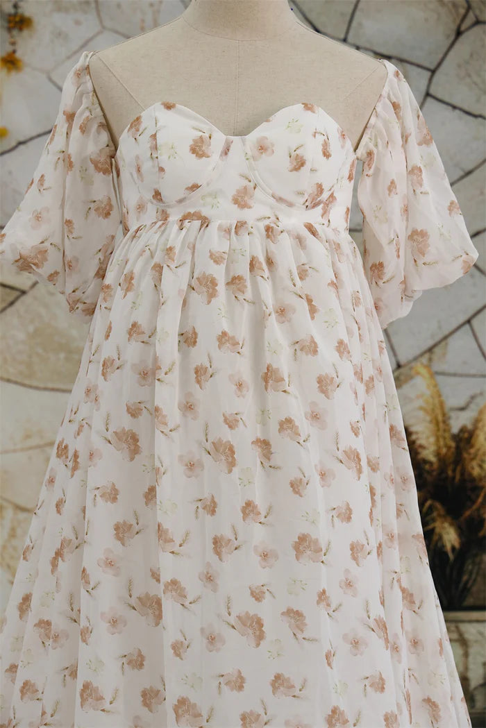 Kate Chiffon Flower Printed White Maternity Photoshoot Dress - Kate Backdrop AU