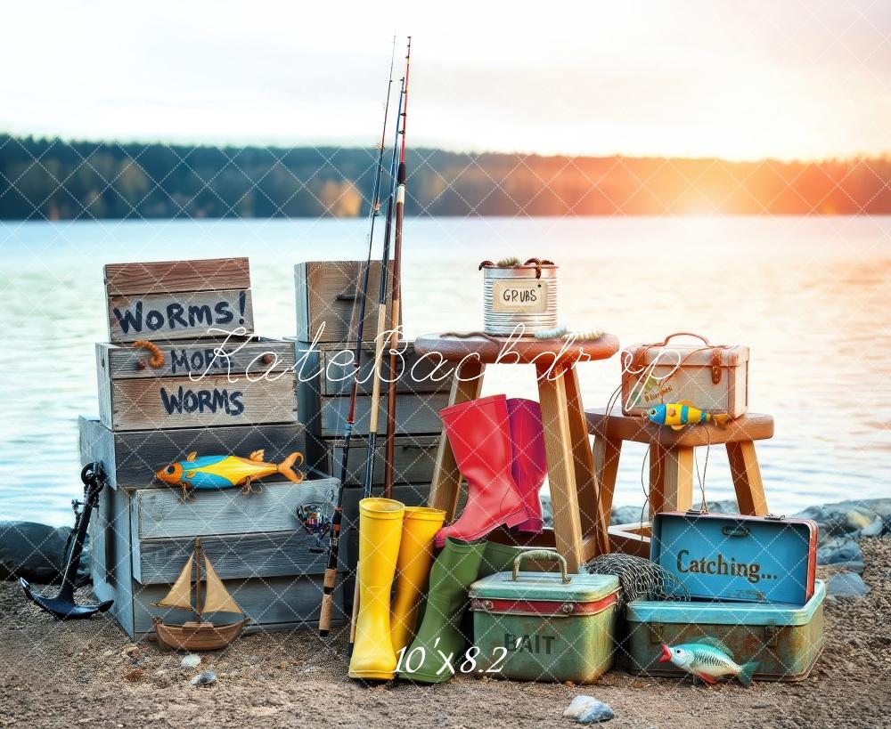 Kate Fishing Rod Boots Crates Lake Backdrop Designed by Laura Bybee - Kate Backdrop AU