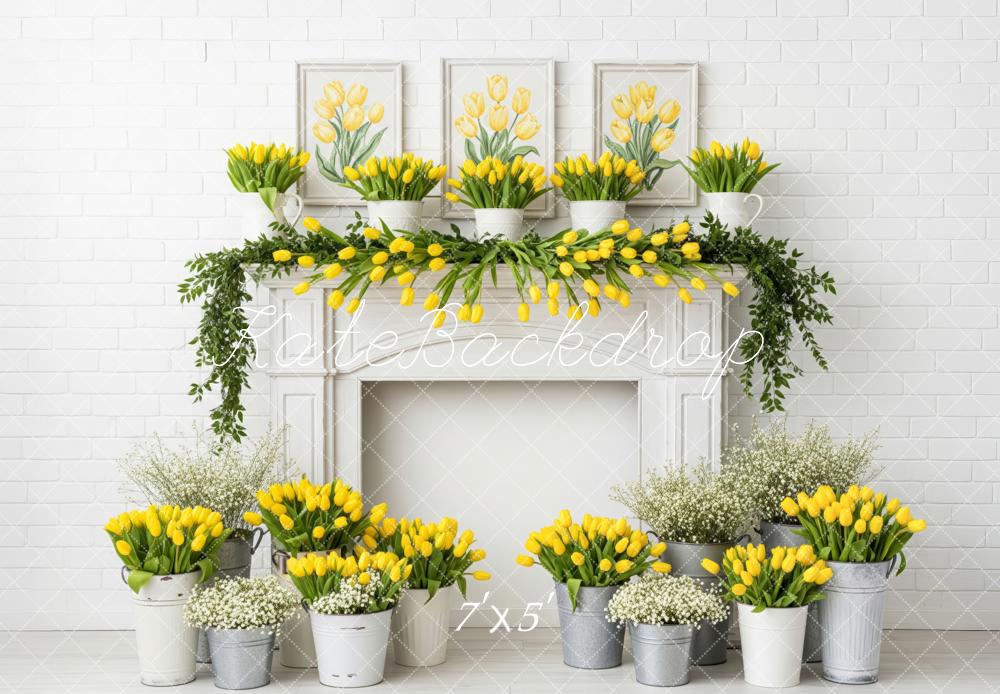 Kate Yellow Tulips White Brick Fireplace Backdrop Designed by Patty Roberts