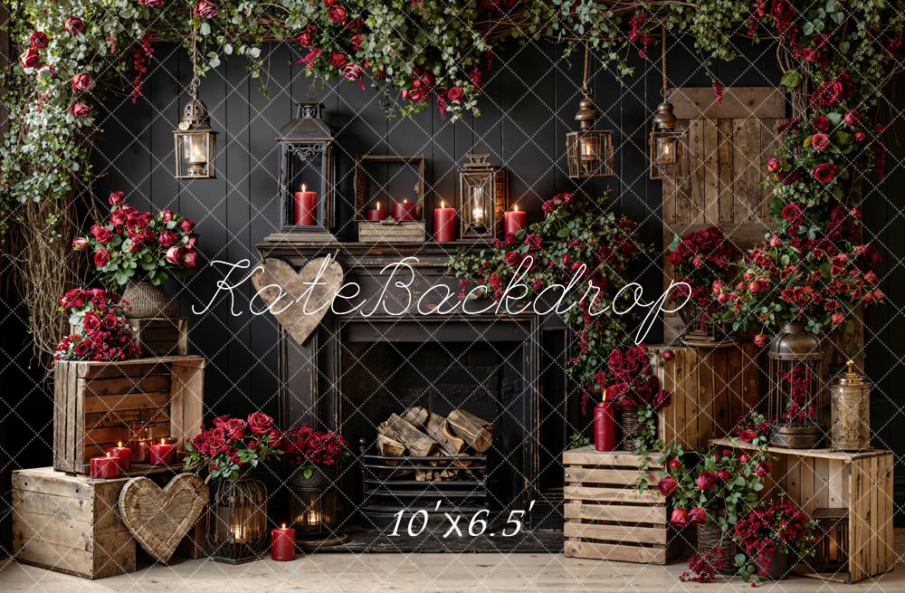 Kate Black Fireplace Roses Wooden Crates Fleece Backdrop Designed by Emetselch