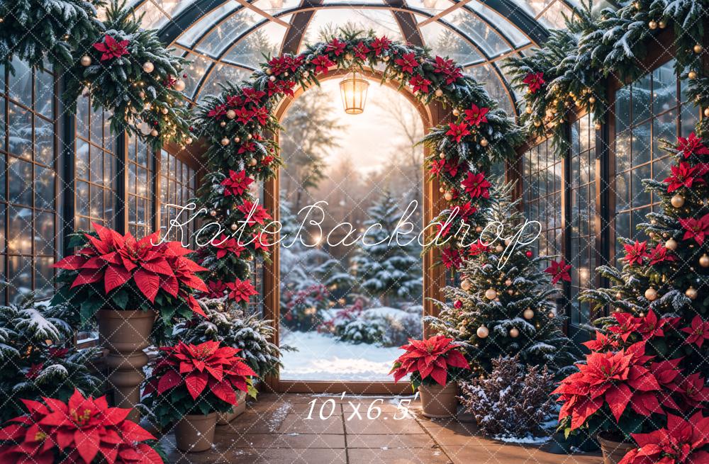 Kate Christmas Poinsettia Garland Snowy Trees Backdrop Designed by Emetselch - Kate Backdrop AU
