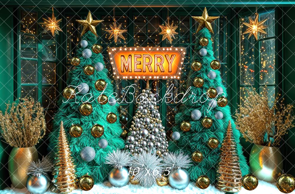 Kate Christmas Trees Merry Sign Gold Ornaments Backdrop Designed by Mini MakeBelieve - Kate Backdrop AU
