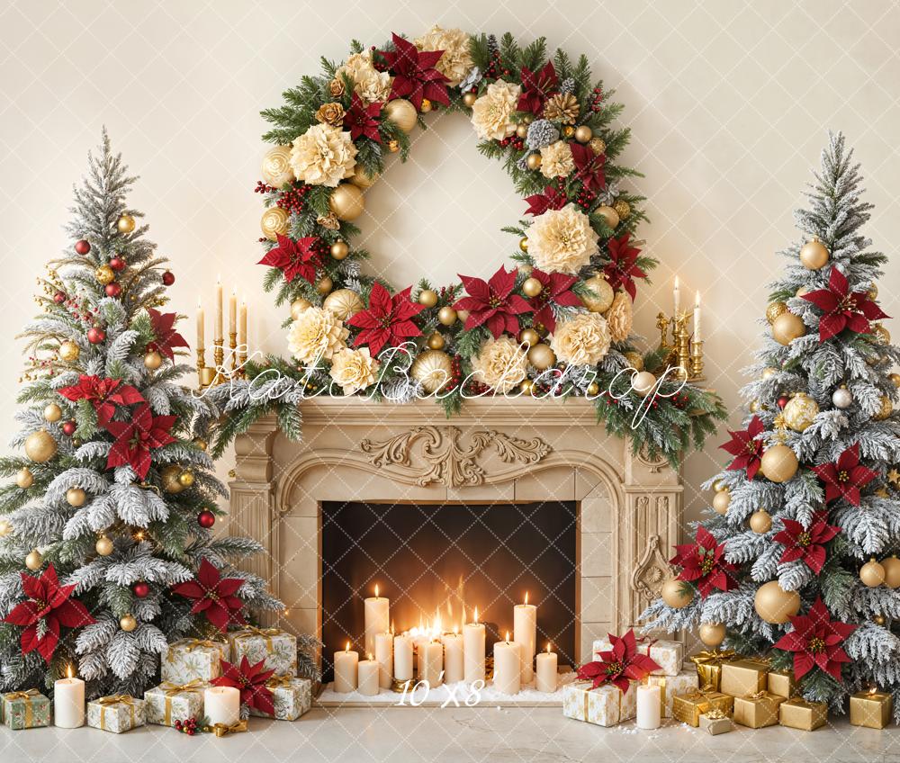 Kate Christmas Fireplace Wreath Fleece Backdrop Designed by Emetselch