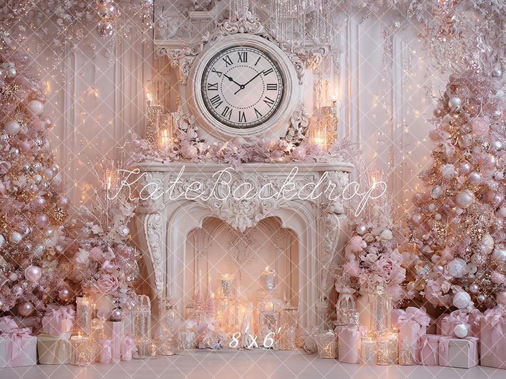 Kate Christmas Pink Trees Fireplace Clock Backdrop Designed by Ashley Paul