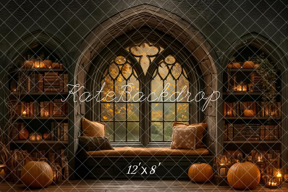 Kate Halloween Arched Window Pumpkins Bookshelves Fleece Backdrop Designed by Emetselch