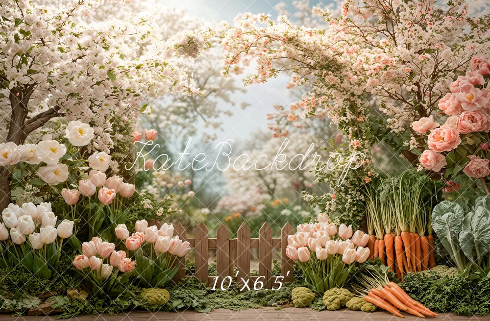 Kate Spring Garden Flowers Carrots Fence Fleece Backdrop Designed by Emetselch