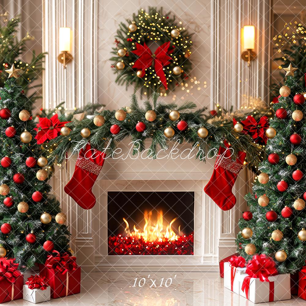 Kate Christmas Fireplace Tree Garland Backdrop Designed by Mini MakeBelieve - Kate Backdrop AU