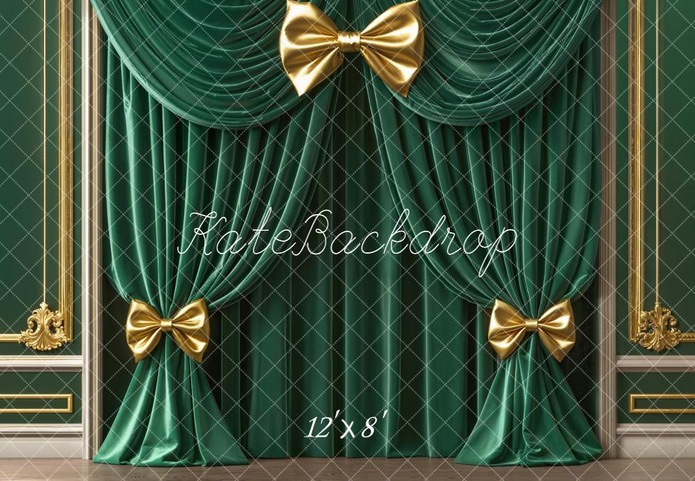 Kate Green Curtain Gold Bows Vintage Wall Fleece Backdrop Designed by Emetselch