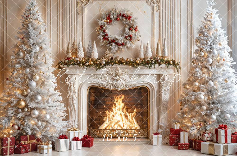 Kate Christmas White Trees Fireplace Backdrop Designed by Emetselch
