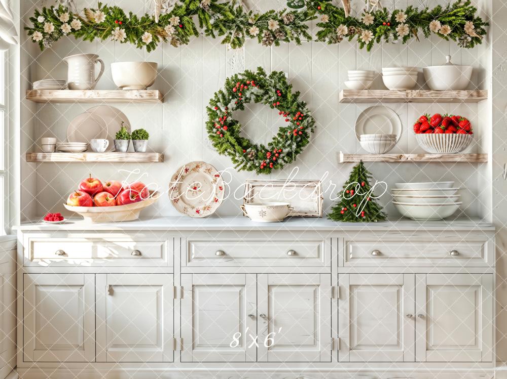 Kate Christmas Kitchen Wreath White Cabinet Backdrop Designed by Emetselch - Kate Backdrop AU