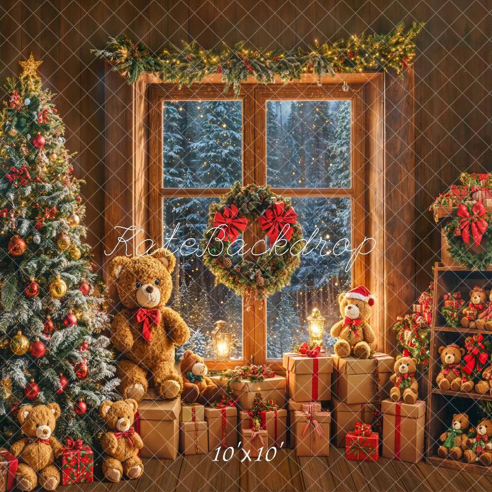 Kate Christmas Tree Teddy Bears Presents Window Backdrop Designed by Emetselch - Kate Backdrop AU