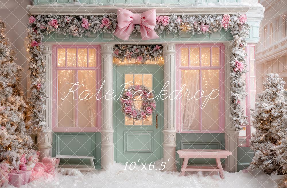 Kate Pink Christmas Shop Frosted Trees Backdrop Designed by Ashley Paul