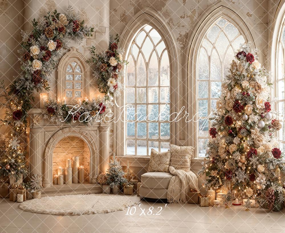 Kate Christmas Fireplace Floral Arched Windows Backdrop Designed by Emetselch