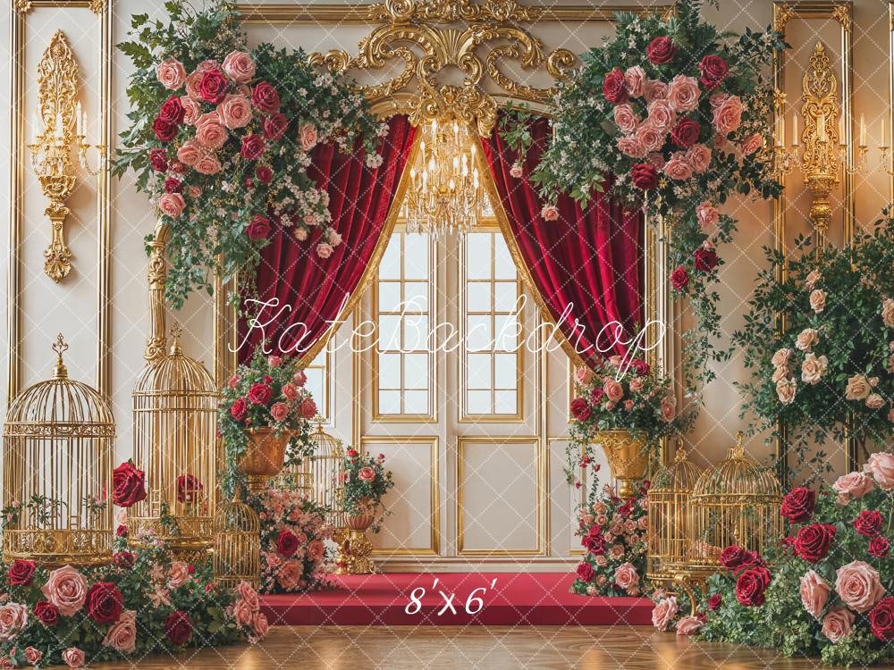 Kate Wedding Gold Birdcages Roses Fleece Backdrop Designed by Emetselch