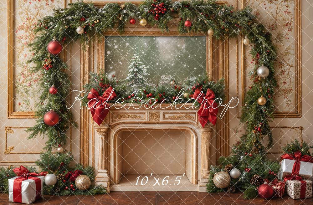 Kate Christmas Fireplace Garland Ornaments Backdrop Designed by Emetselch - Kate Backdrop AU