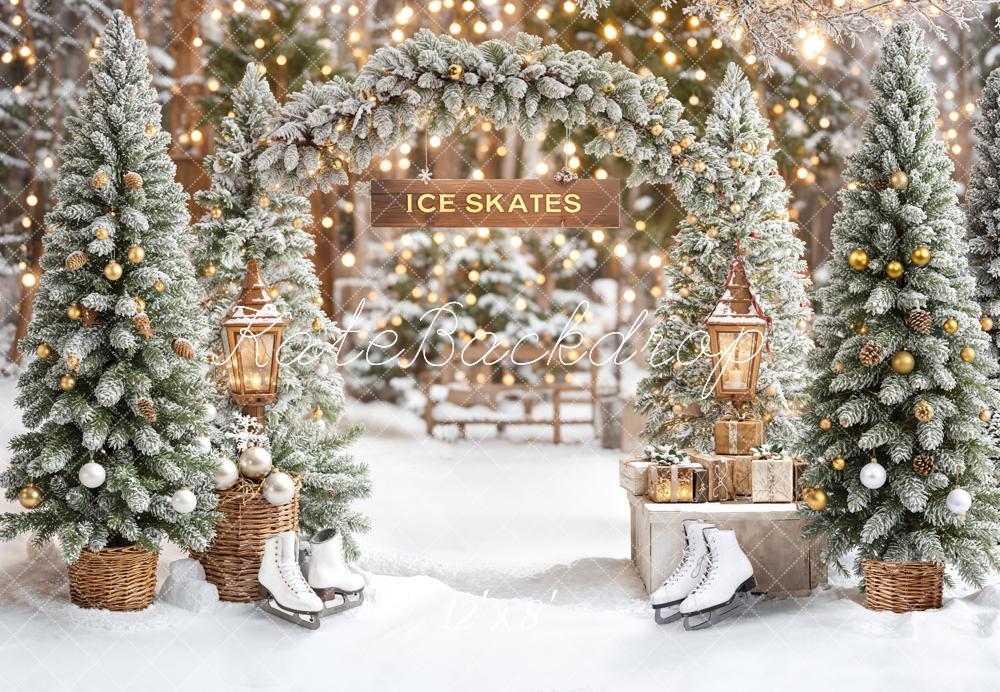 Kate Christmas Ice Skates Snowy Trees Arch Fleece Backdrop Designed by Emetselch - Kate Backdrop AU
