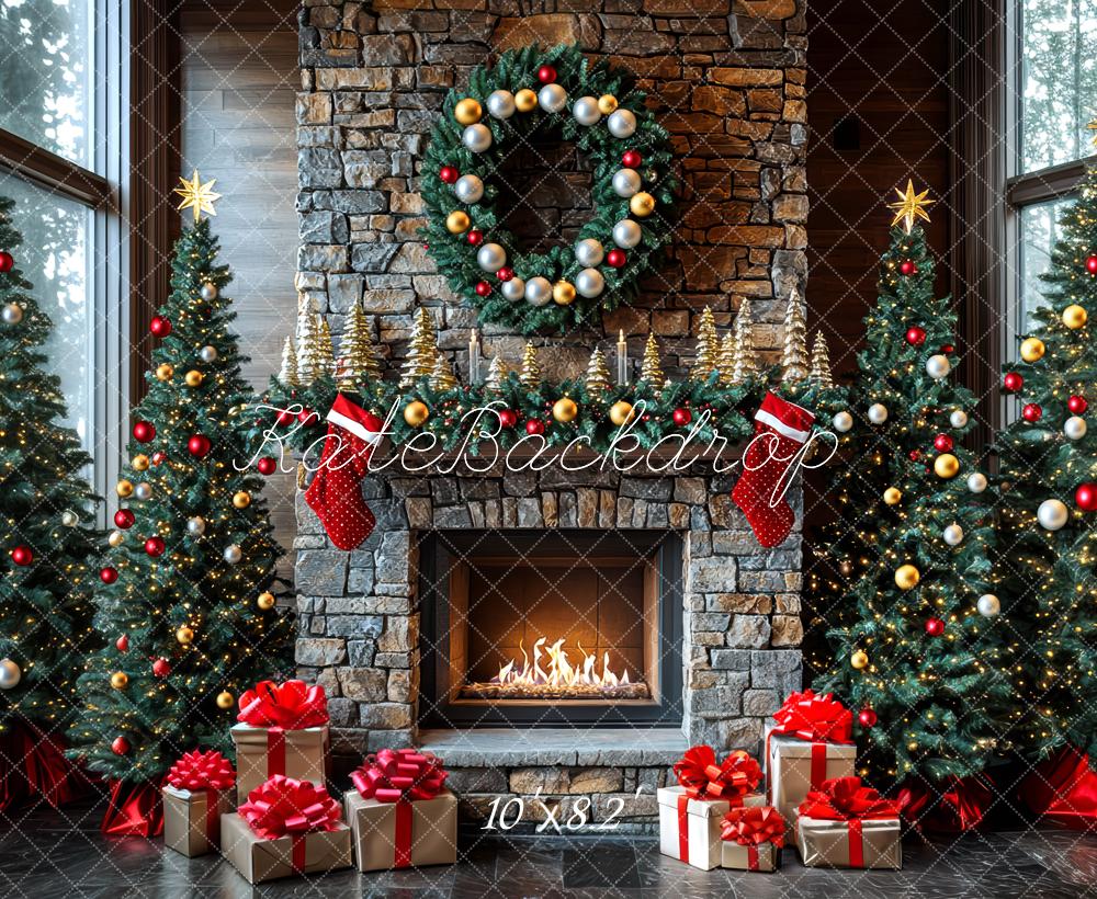 Kate Fireplace Christmas Trees Presents Backdrop Designed by Mini MakeBelieve - Kate Backdrop AU