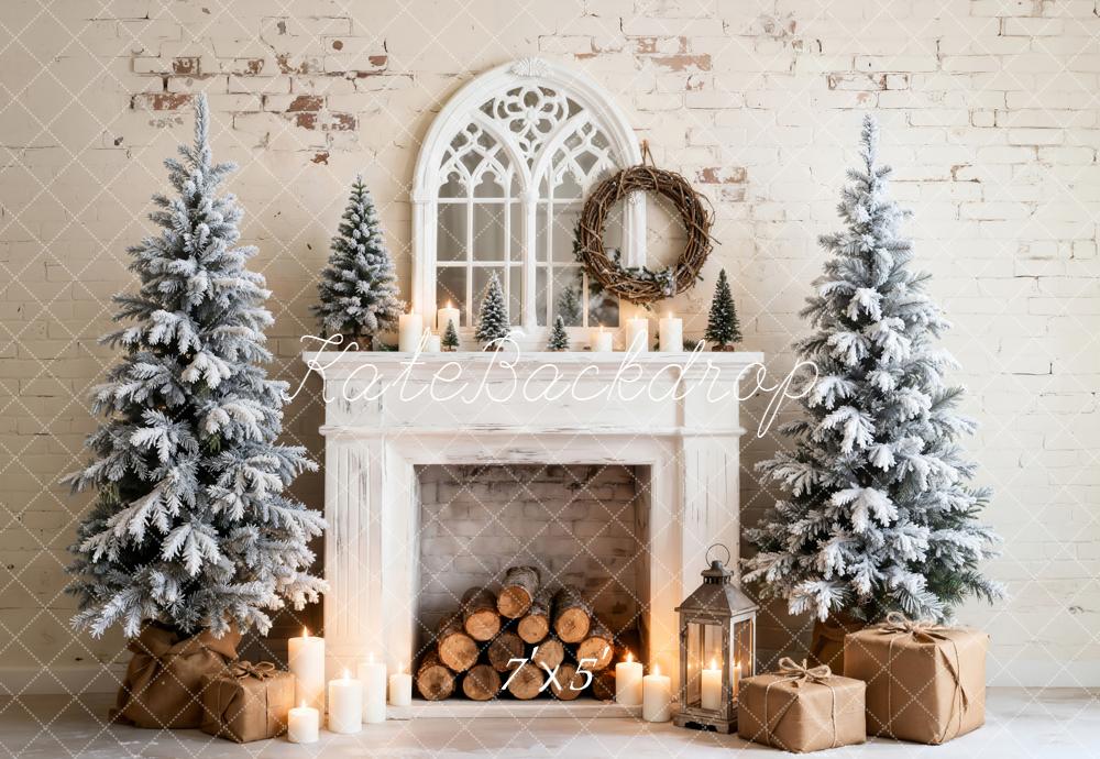 Kate Christmas Fireplace Frosted Trees Candles Backdrop Designed by Emetselch