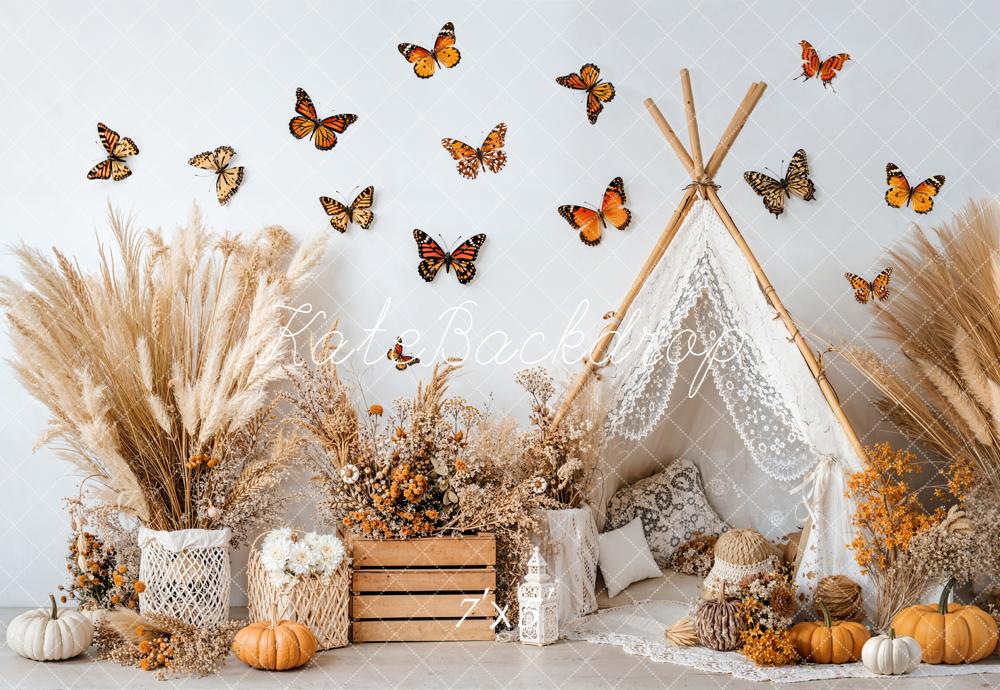 Kate Autumn Boho Teepee Butterflies Pumpkins Backdrop Designed by Emetselch - Kate Backdrop AU