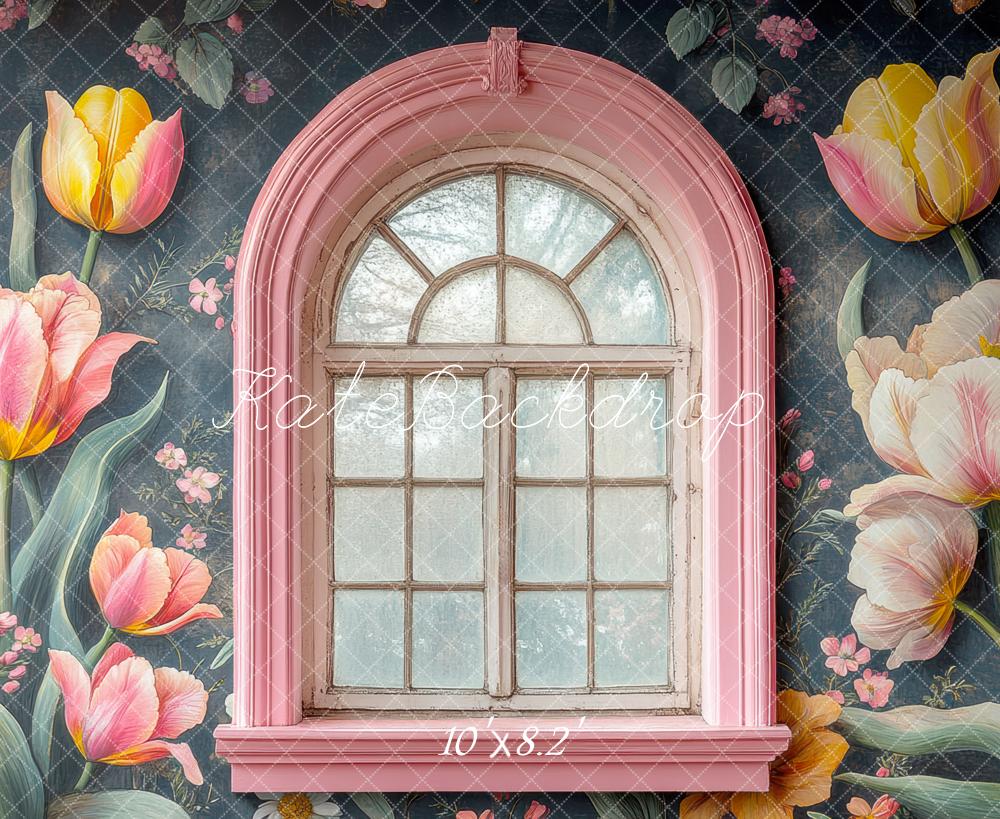 Kate Pink Arch Window Tulip Flowers Backdrop Designed by Mini MakeBelieve - Kate Backdrop AU
