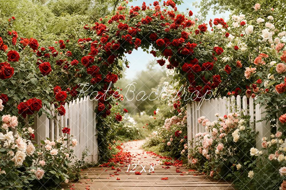 Kate Flower Arch Garden Path White Fence Fleece Backdrop Designed by Emetselch