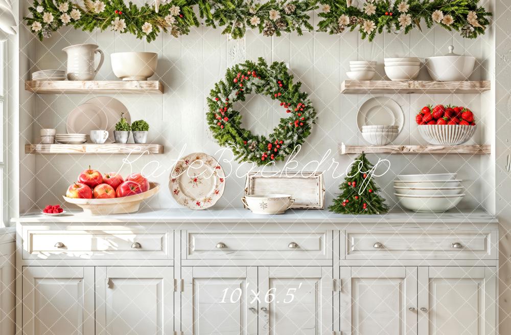 Kate Christmas Kitchen Wreath White Cabinet Backdrop Designed by Emetselch - Kate Backdrop AU