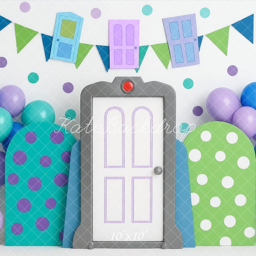 Kate Cartoon Doors Bunting Balloons Polka Dots Backdrop Designed by Mini MakeBelieve